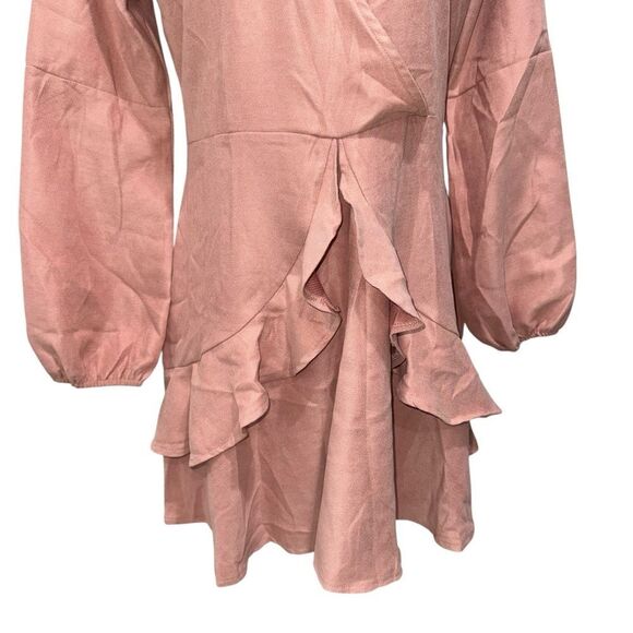 SHEIN Solid Pink Ruffle Wrap Dress Long Balloon Sleeves V-Neck Layers Size XL - Picture 6 of 11